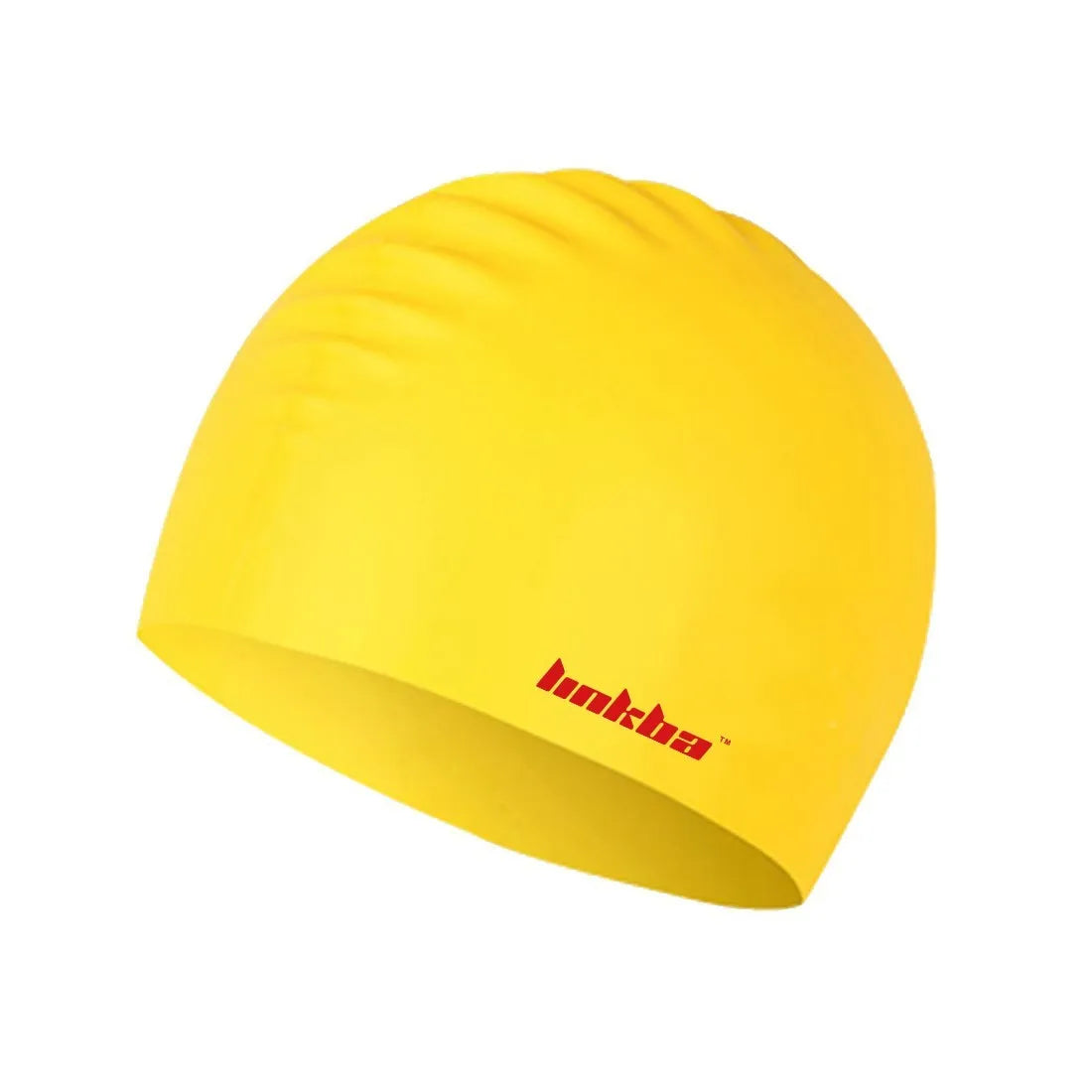 Silicone swimming cap with earmuff design and printed letters, shown in one of five colours: black, white, yellow, blue, or grey.