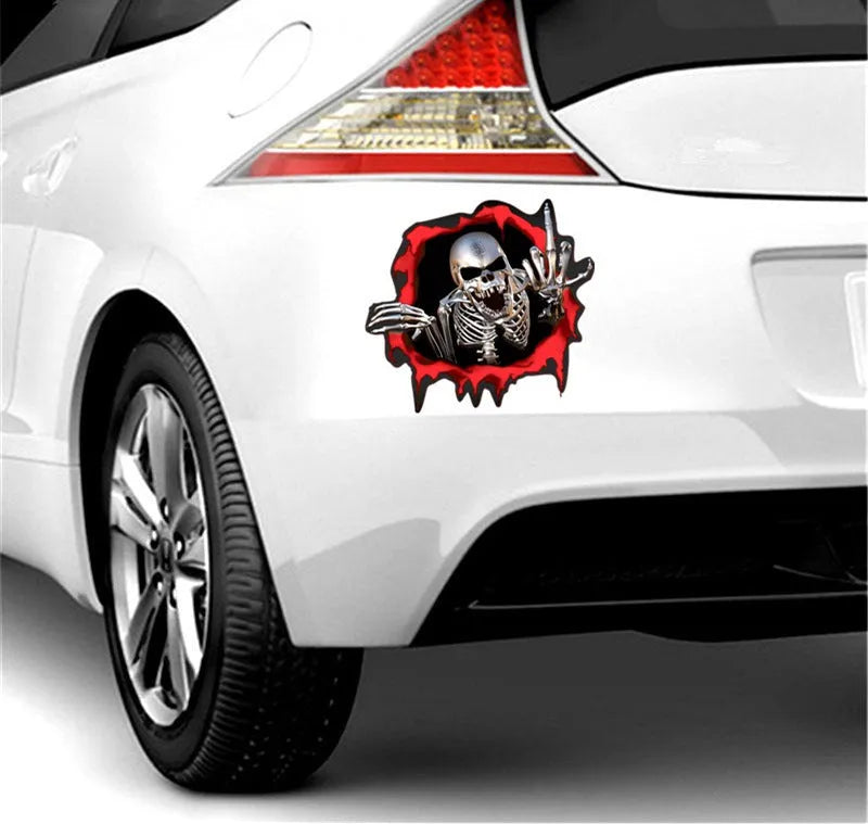 Metal skull design reflective bumper sticker with colourful broken shell texture, 15cm x 14cm PET vinyl