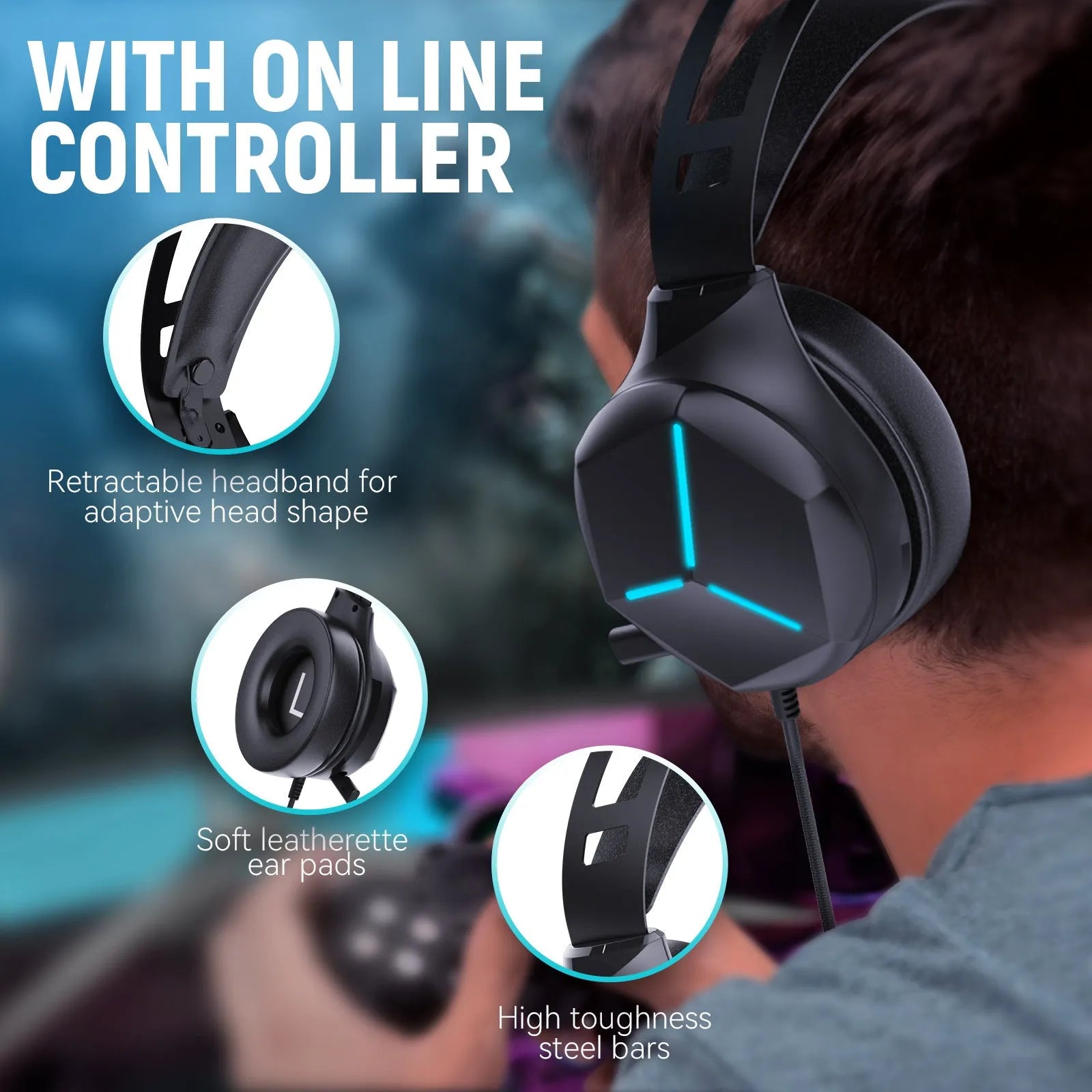 Multi In One Game Wired Headphones with 50mm drivers and protein PU leather earmuffs on a black background