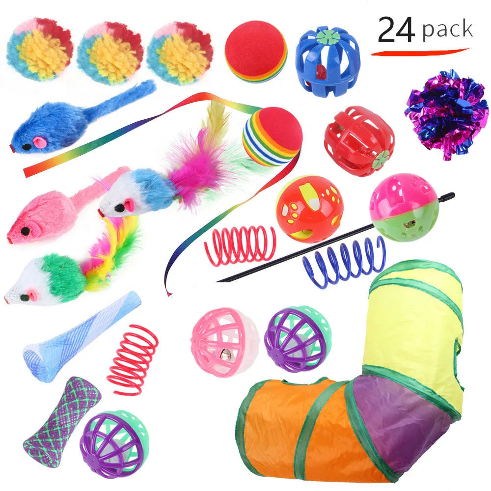 Plastic cat toy channel maze set with coloured accessories for feline play