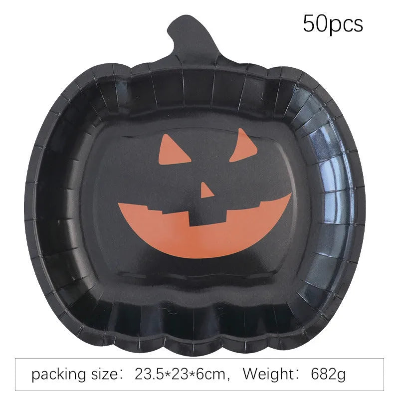 Black pumpkin design disposable paper plates in 9-inch size for Halloween parties