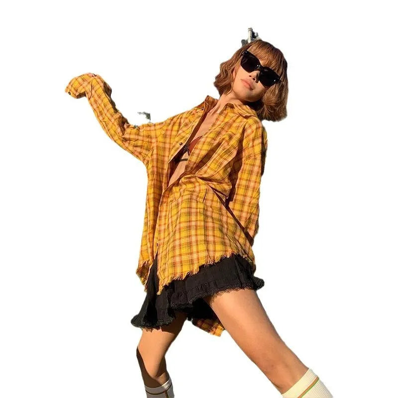 Original American dopamine yellow plaid shirt in loose cardigan style with polyester fibre blend fabric