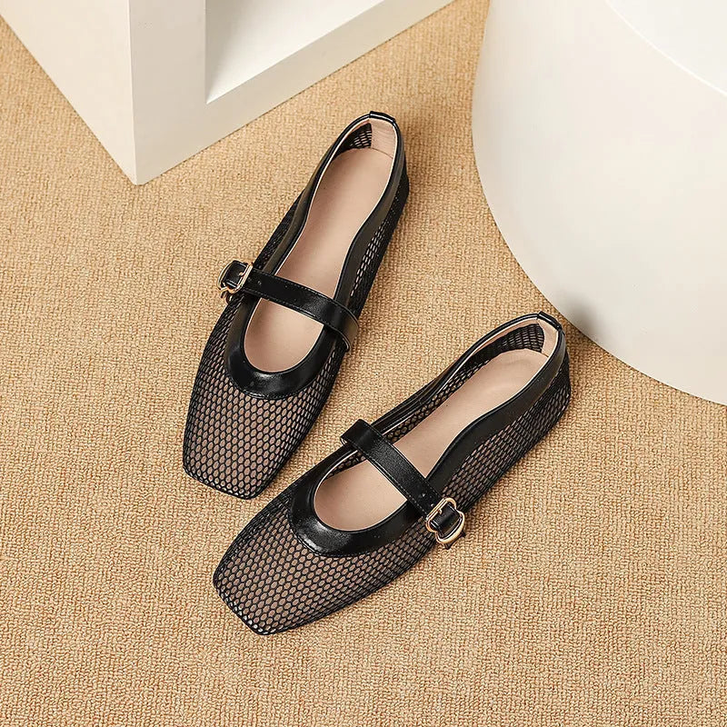 Women's beige mesh summer shoes with buckle fastening and square toe