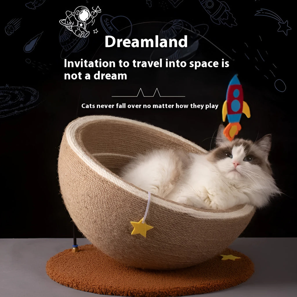 Large integrated cat scratching basin and bed with sisal rope surfaces and flannel fabric in starlight design