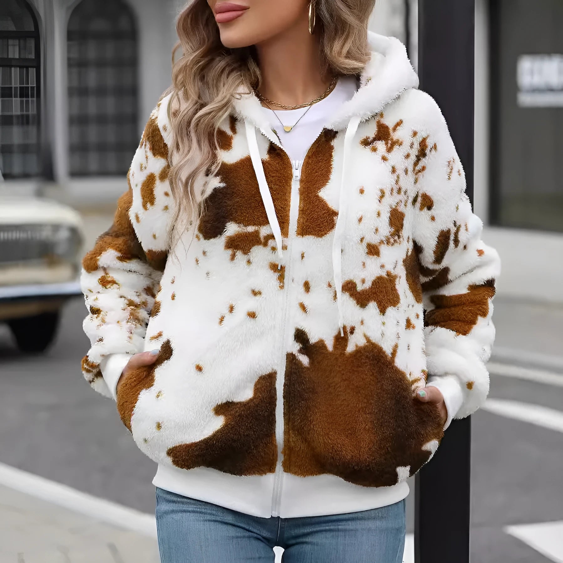 Yellow brown cow print hooded zip-up cardigan jacket on a hanger