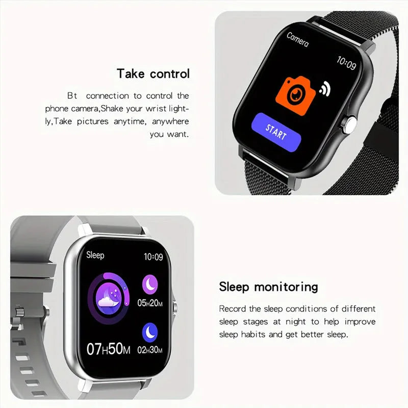 Smart watch with touch screen showing Bluetooth calling and health tracking features on silicone strap