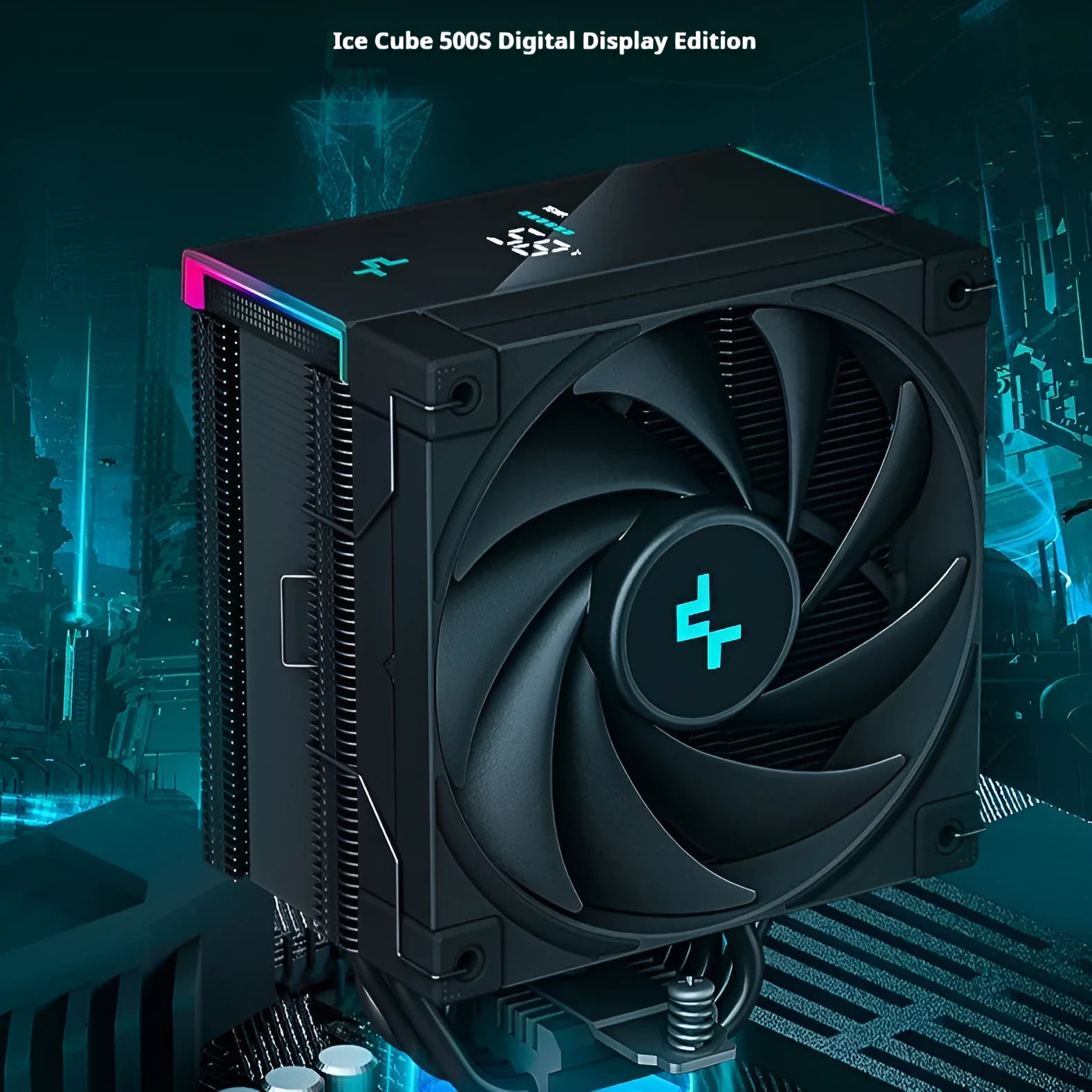Black and white tower CPU air cooler with heat sink fins and digital display for PC computer case.