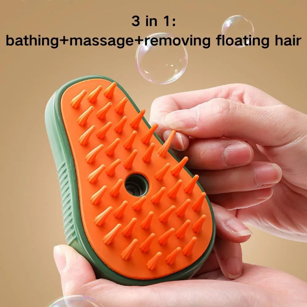 Green or white cat steam brush with water spray function and silicone teeth for pet grooming and massage