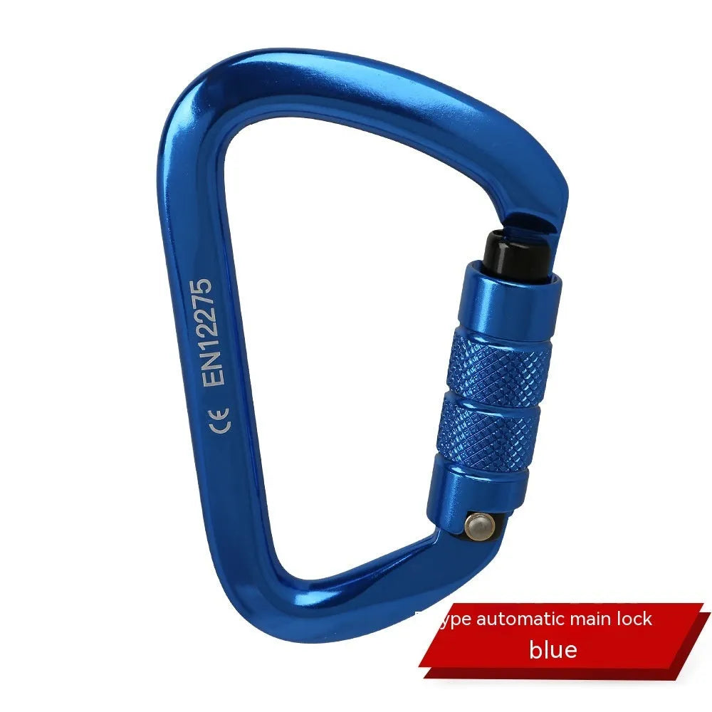 D-shaped steel climbing carabiner main lock shown in multiple colour options including orange, blue, and red.