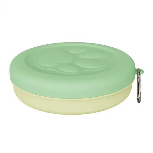 Collapsible silicone dog food bowl with separate snack box in green two-tone colour