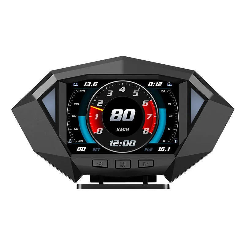 Black P1 HD LCD Vehicle HUD Head Up Display with OBD2 cable and anti-slip pad on dashboard