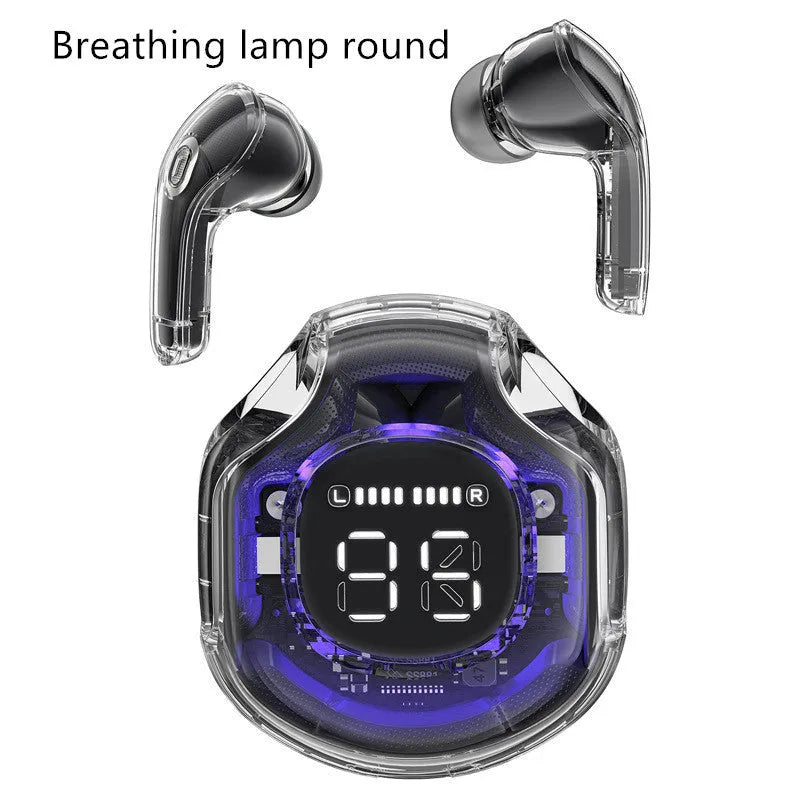 Transparent wireless Bluetooth headset with in-ear design in white, black, pink, sky blue or violet colours