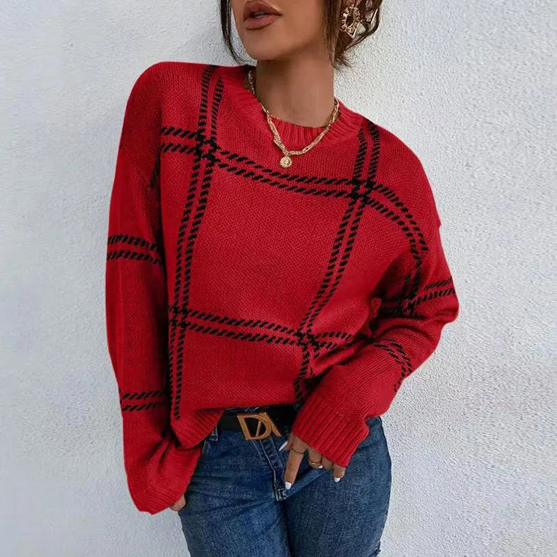 Women's casual plaid colour-block crew neck acrylic sweater with apricot, black, beige, red and green stripes