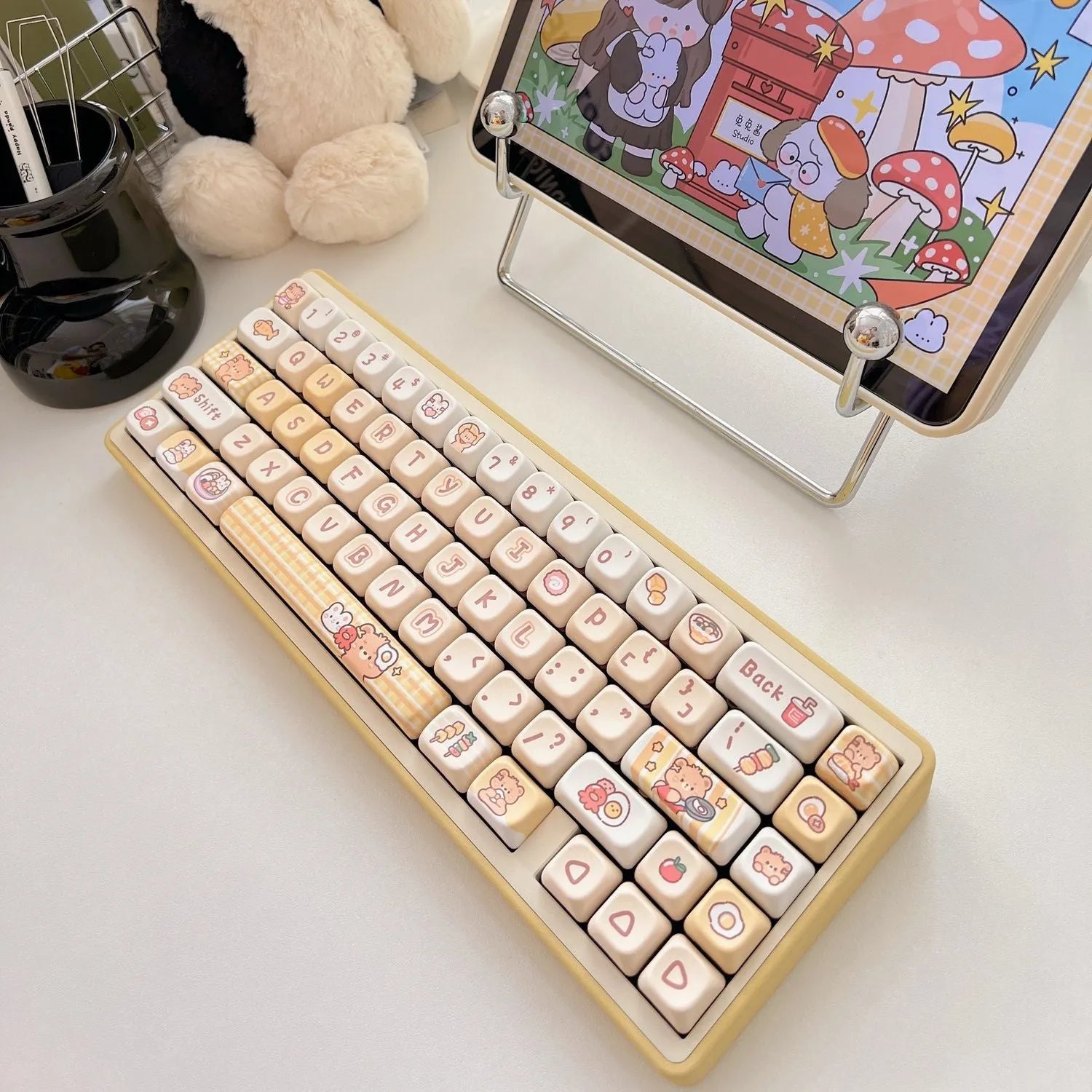Rabbit Bear Restaurant themed mechanical keyboard keycap set with 140 PBT plastic keycaps