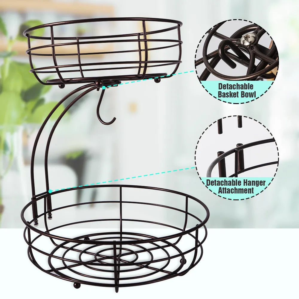 Double-layer black and gold wrought iron fruit basket with two storage tiers