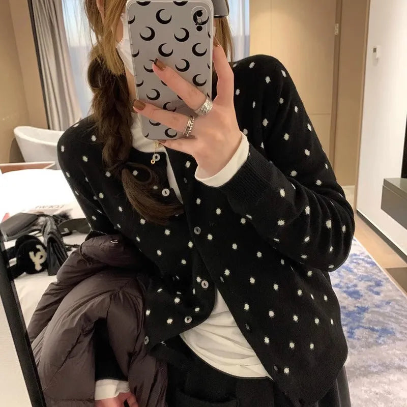 Women's Korean-style grey dot knitted cardigan with crochet flower details and long sleeves