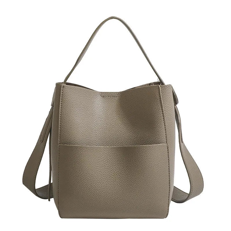 PU Leather Bucket Messenger Bag for Daily Matching European and American Retro Style with Sewing Line Detail Available in Black Brown Elephant Gray Soft Single Shoulder Strap Sandwich Pocket Outer Bag