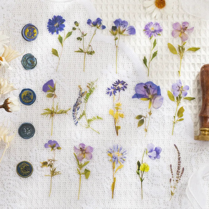 Dried flowers journal decoration stickers in 8 colour styles on PET sheets measuring 70x70mm