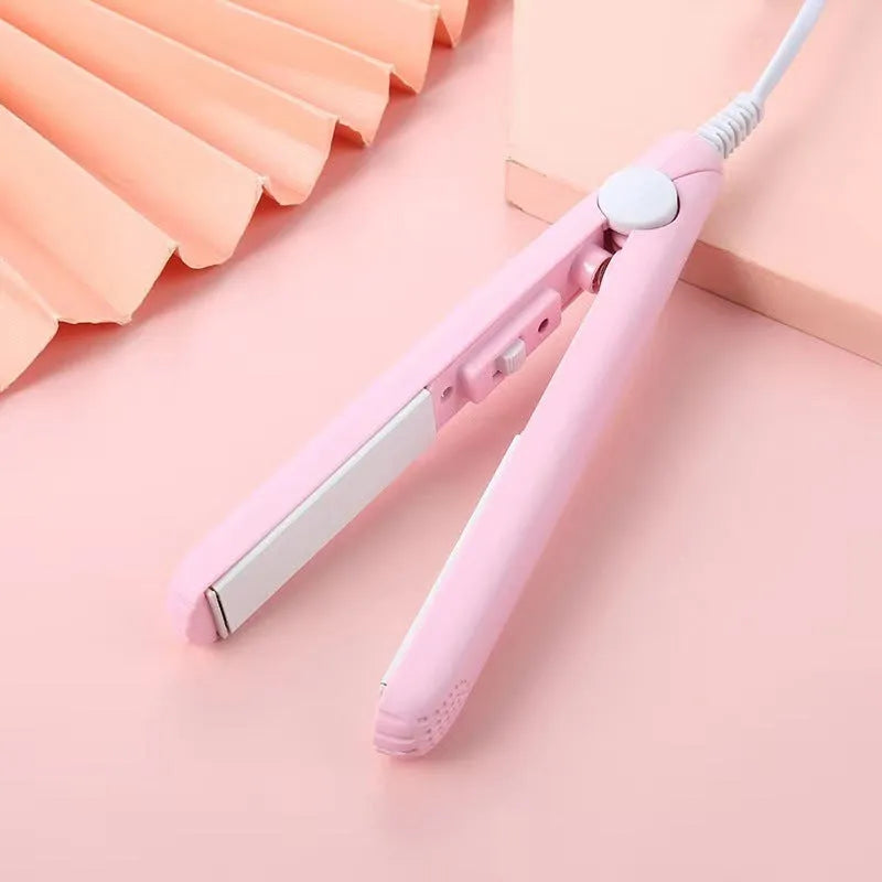 Mini hair straightener with storage box in choice of blue, pink, purple, white or yellow colour