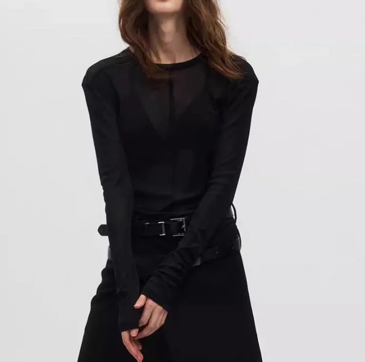 Black slim-fit women's pullover top with see-through mesh texture and long sleeves.