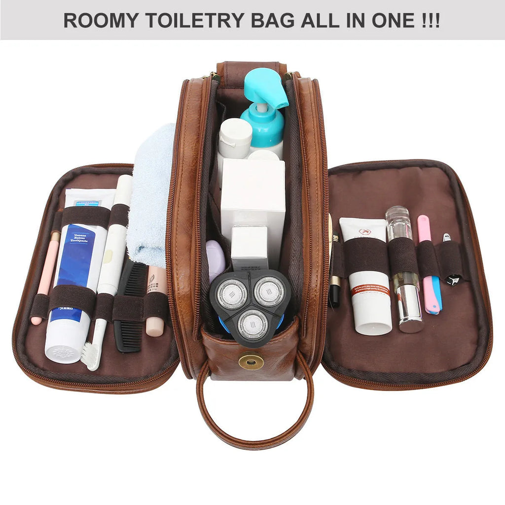 Men's black PU leather toiletries bag for travel storage of grooming essentials