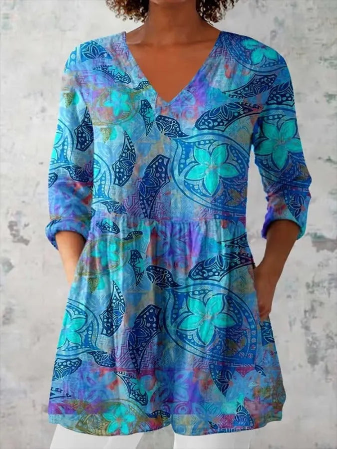 Women's retro slim fit printed long-sleeved top in polyester fabric with digital printing design