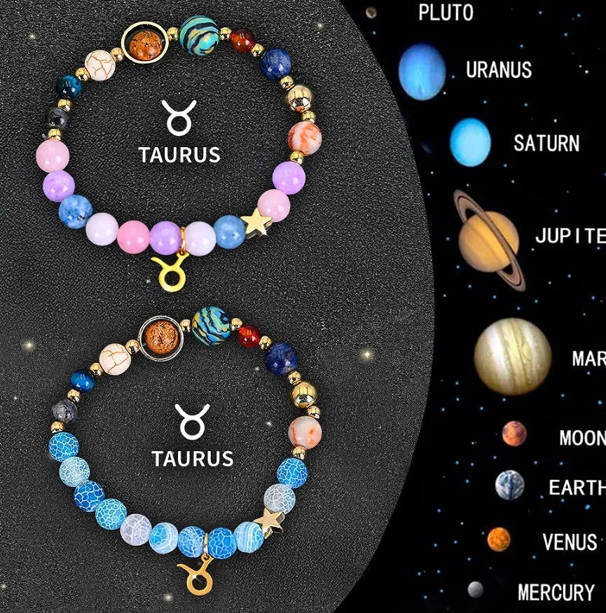 Set of two natural stone beaded bracelets with zodiac sign charms on an adjustable band