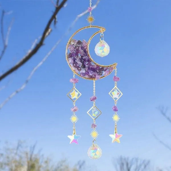 Moon-shaped K9 crystal car pendant hanging from a metal chain, available in blue, green, pink, purple, and white.