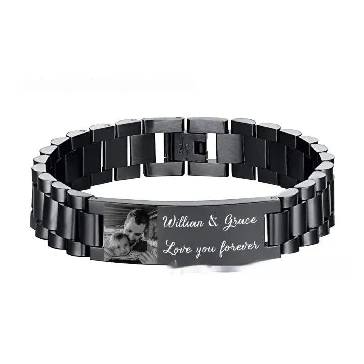 Titanium steel lettering bracelet with curved heart shape and electroplated black lettering