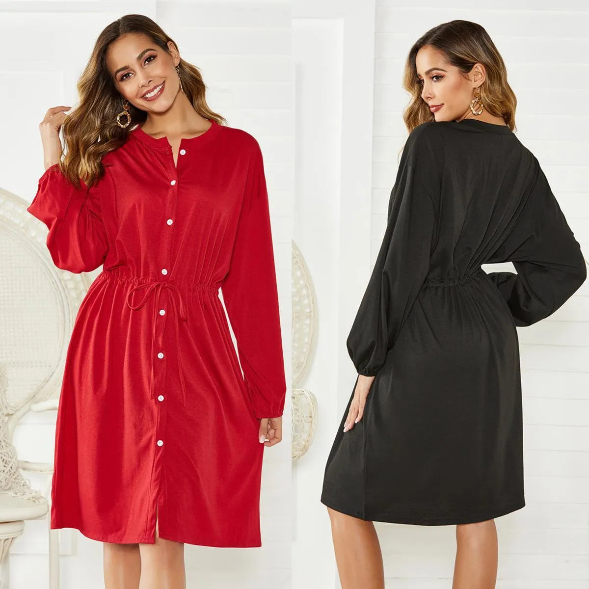 Black A-line mid-length dress with long sleeves, elastic waist, and a cinched belt.