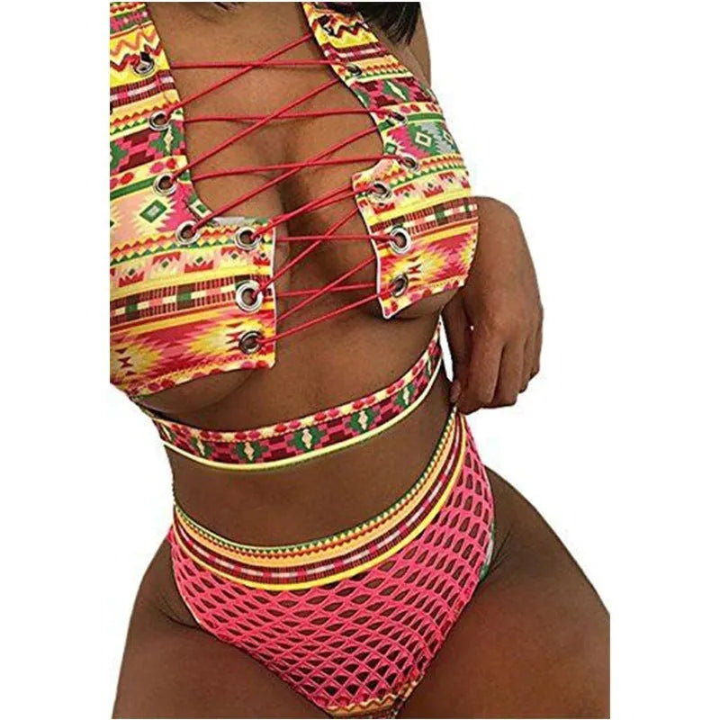 Women's cross strap fishnet high waist bikini set in multicolor checkered pattern, polyester swimsuit with top and shorts