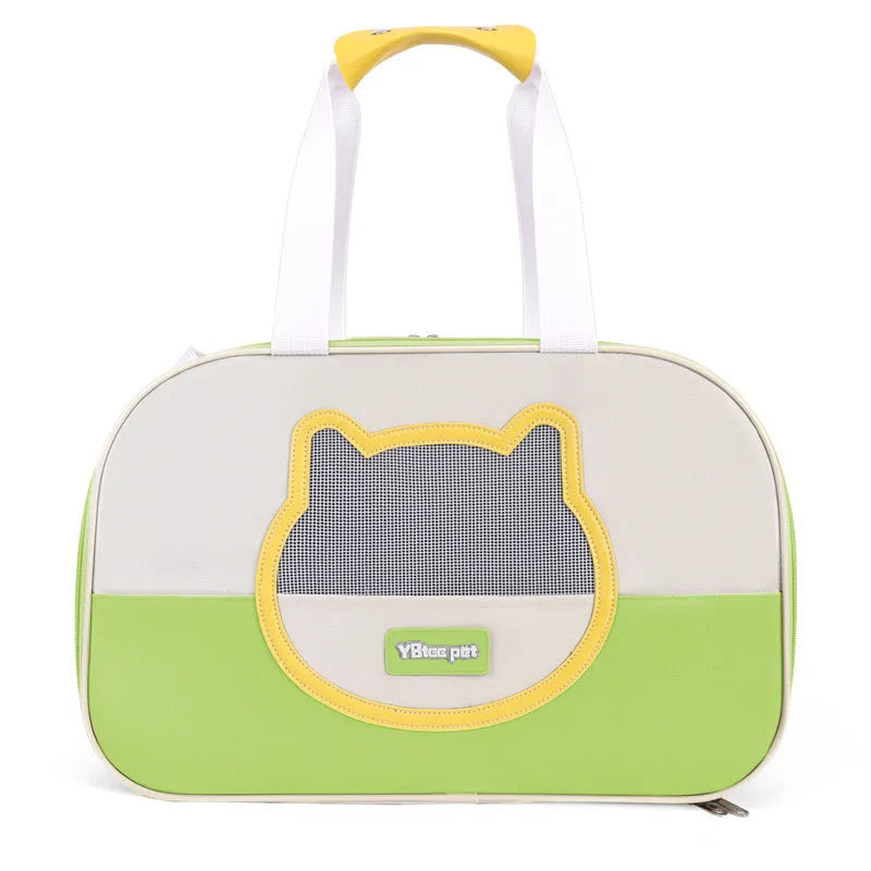 Outdoor portable foldable cat backpack in blue colour with breathable mesh panels