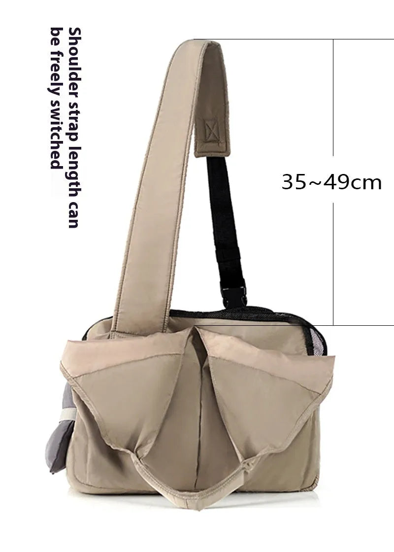 Apricot cloth pet summer breathable handbag carrier measuring 41cm by 16cm by 28cm