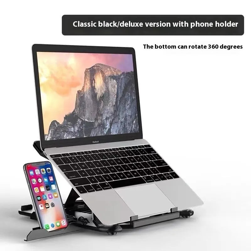 Black laptop bracket with integrated strap phone holder on a desk