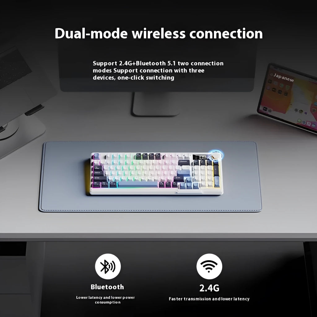 Wireless Bluetooth keyboard and mouse combo with mechanical-style keys in blue and white colour scheme