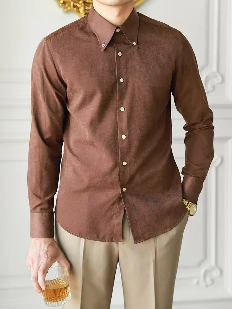 Men's pure color artistic lazy trendy shirt in cotton blend, brown, front view