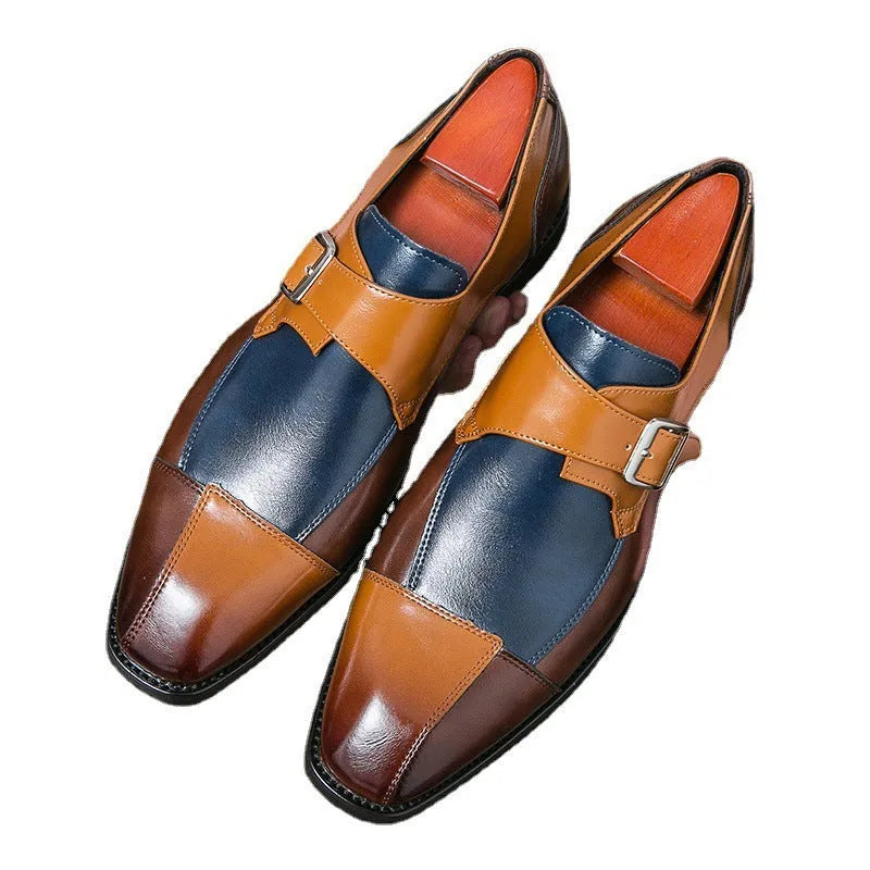 Men's British style leather shoes with retro buckle in brown blue and black colours