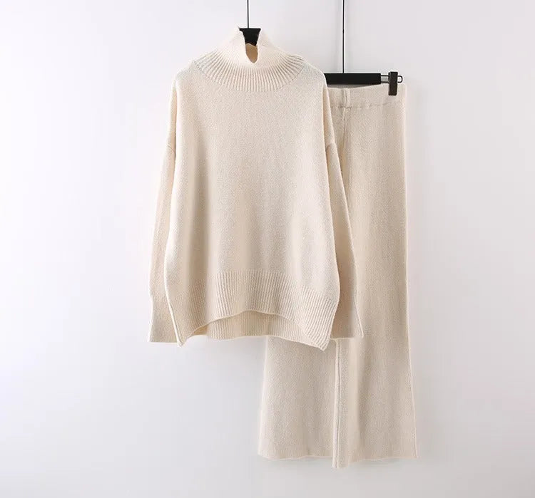 Women's beige acrylic long-sleeve sweater and wide-leg trousers two-piece casual set.