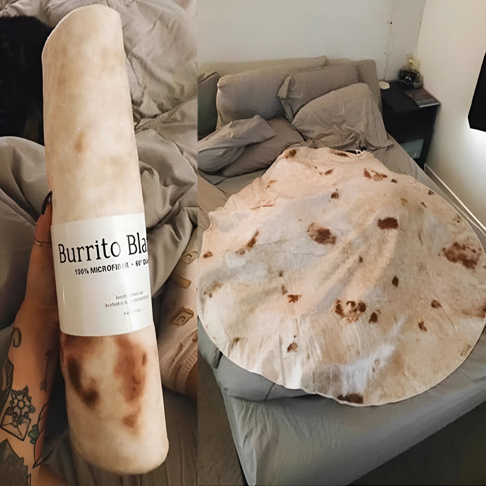 Round coral fleece flannel blanket rolled in a burrito style, showing soft texture and printed design.