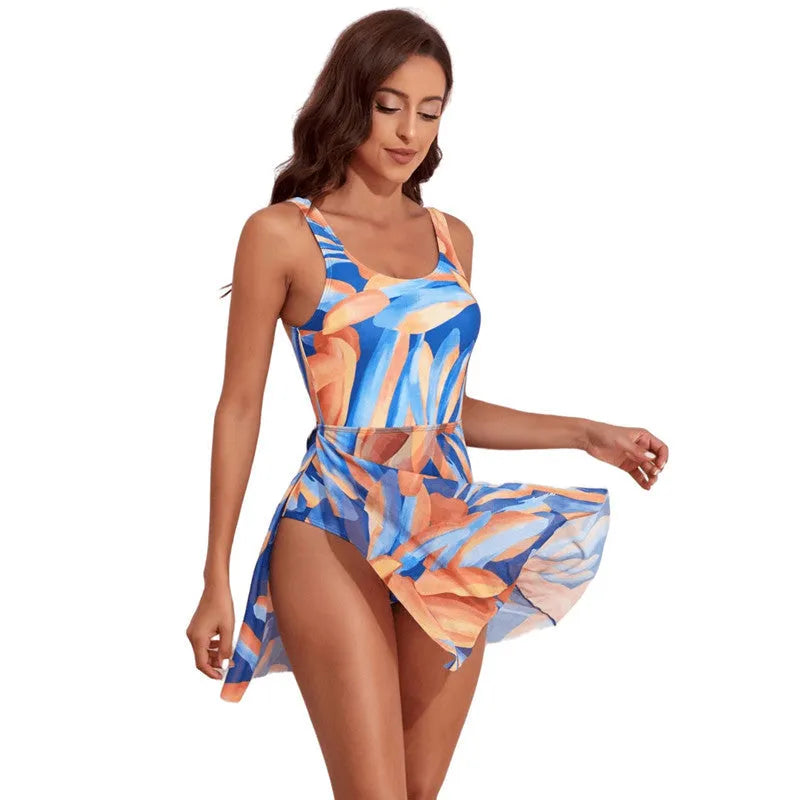 Women's single-shoulder one-piece swimsuit with slim waist and floral digital print in coconut tree design