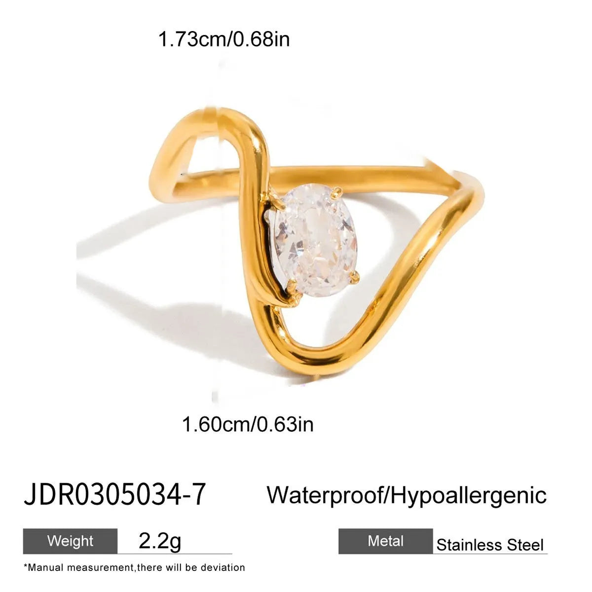 Geometric zircon ring with no-fade titanium steel finish in silver tone.