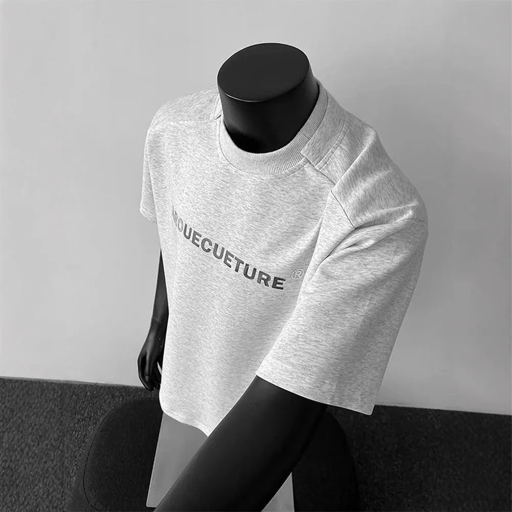 Men's short sleeve cotton pullover shirt with printed letters in light grey colour