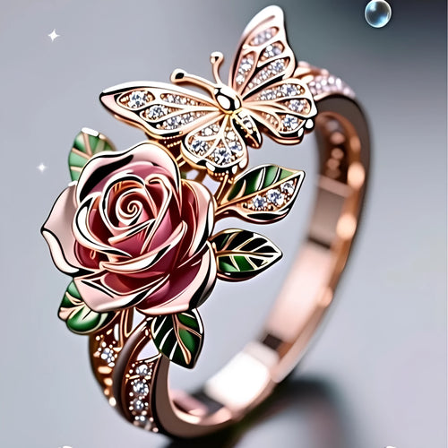Adjustable alloy butterfly ring with oil drip colour finish and floral details