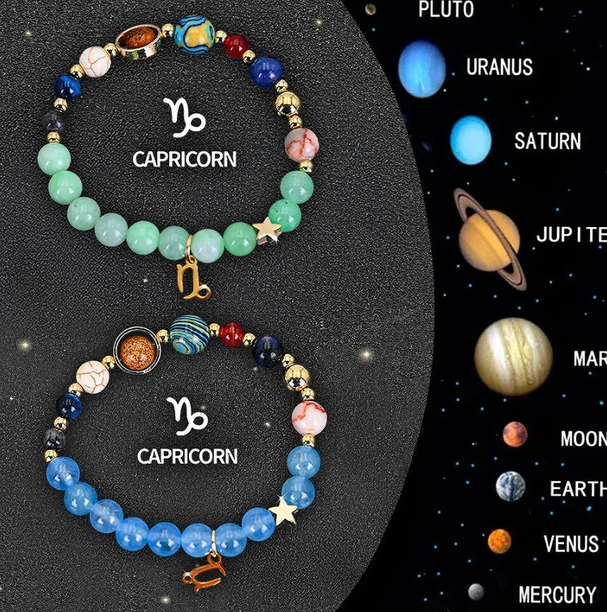 Two natural stone beaded bracelets with Chinese zodiac animal designs on elastic wristbands.