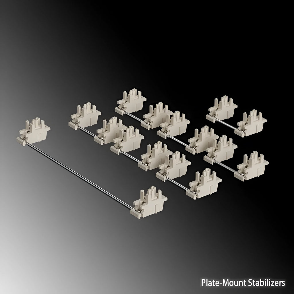 Black and milky white mechanical keyboard stabiliser sets showing 6.25U and 7U satellite axis sizes.