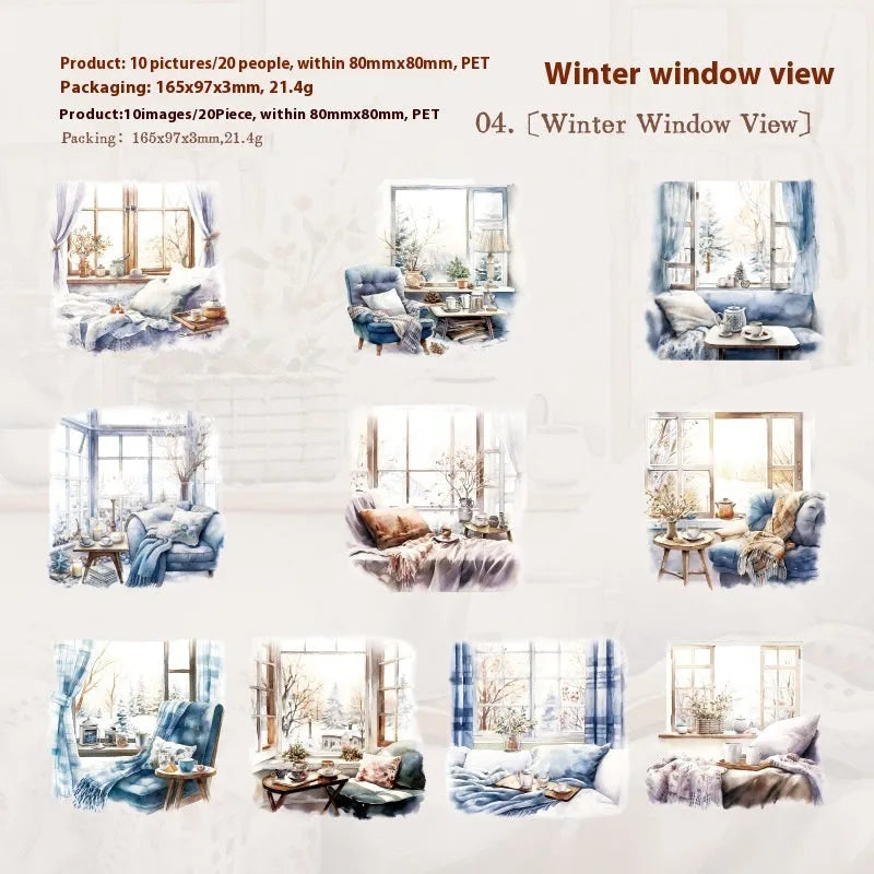 Retro style Window Story Series decorative journal stickers showing six different window-themed colour designs