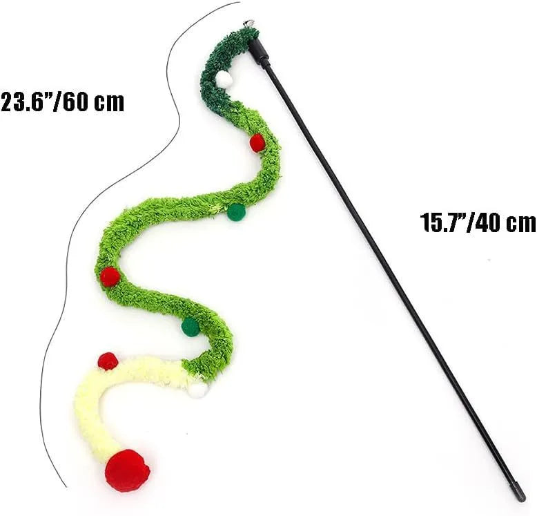Cat wand toy with plush strip and colourful balls with bells for interactive feline play