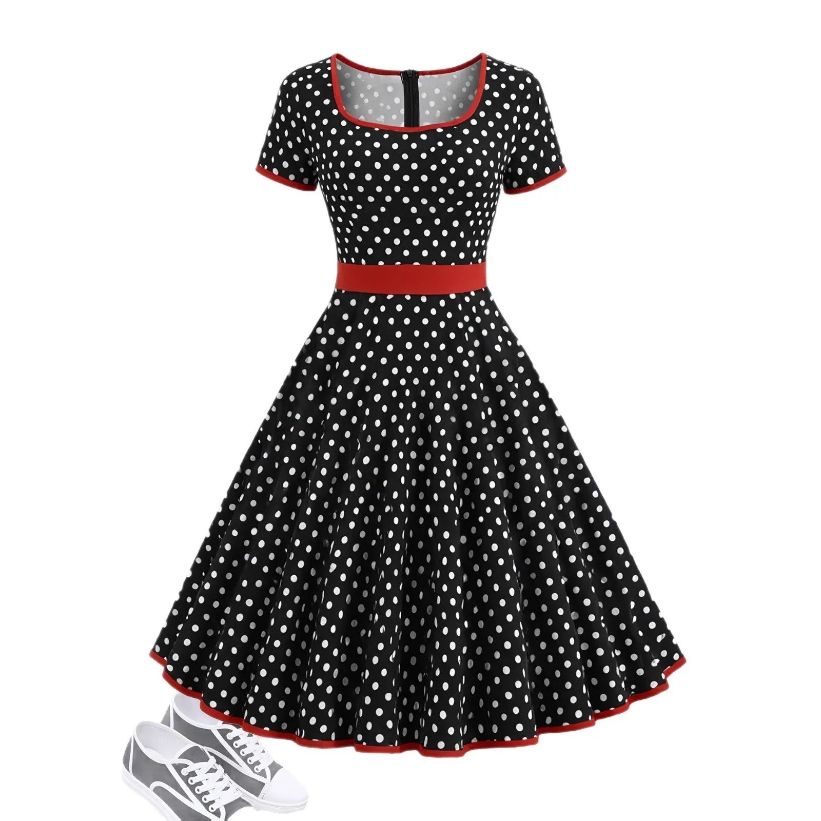 Women's multicolour polka dot pleated dress with square neckline, short sleeves, and front zip.