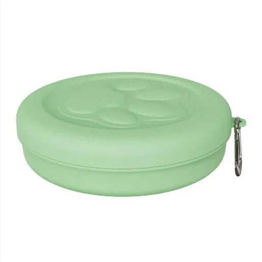 Collapsible silicone dog bowl shown in open and folded positions for portable pet feeding