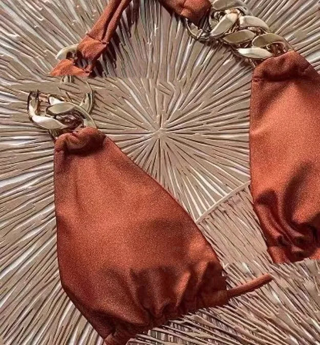 Brown tube top push up bikini split swimsuit with ring tether design